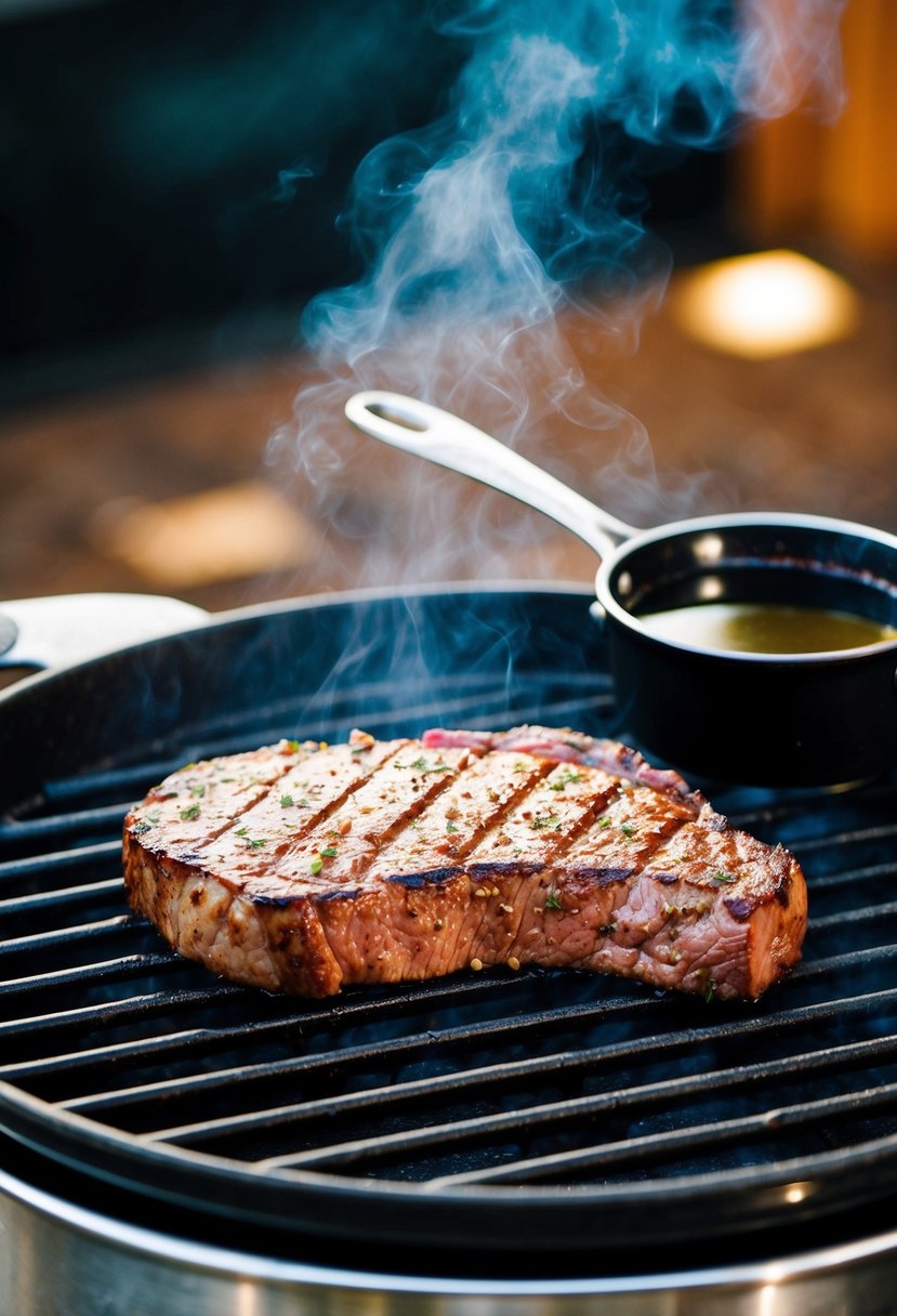 A sizzling flat iron steak rests on a grill, emitting a tantalizing aroma. A deep red wine reduction simmers in a small saucepan nearby