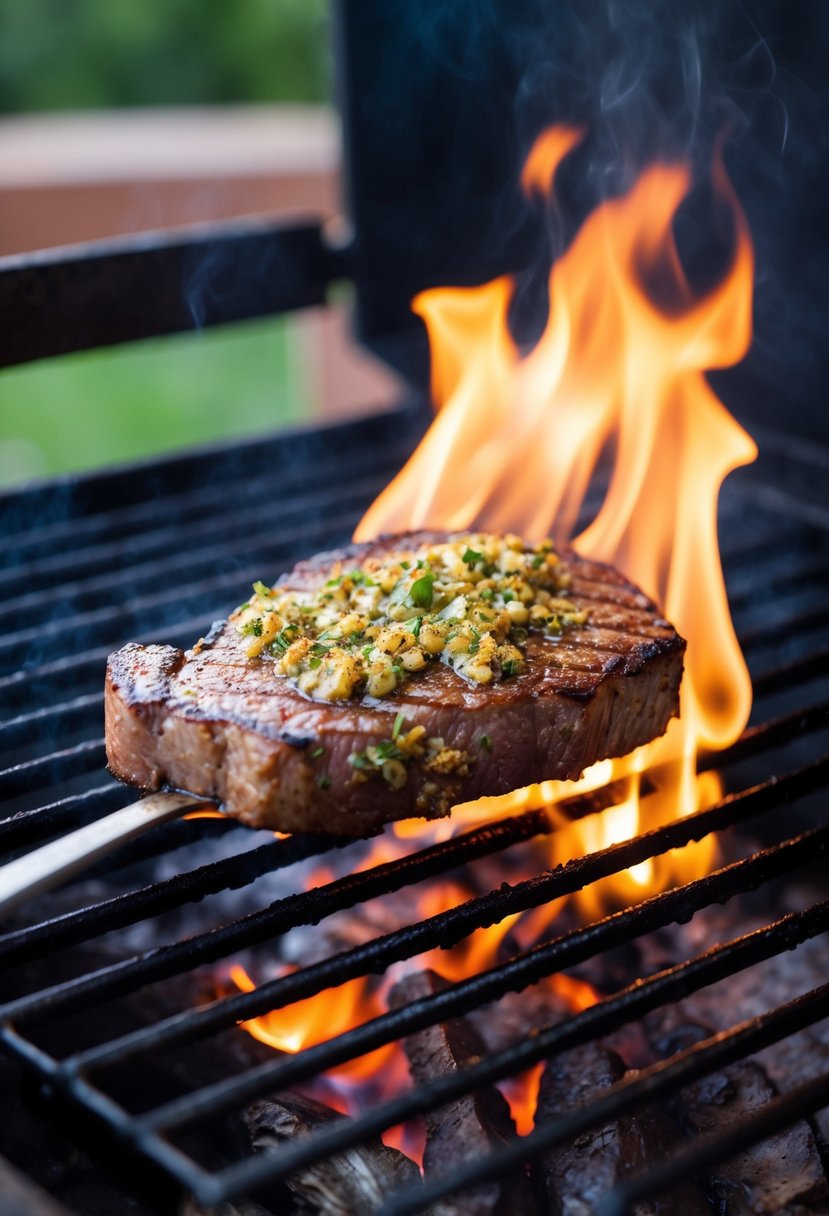 A sizzling flat iron steak is being grilled over an open flame, coated in a zesty chipotle lime marinade, creating a mouthwatering aroma