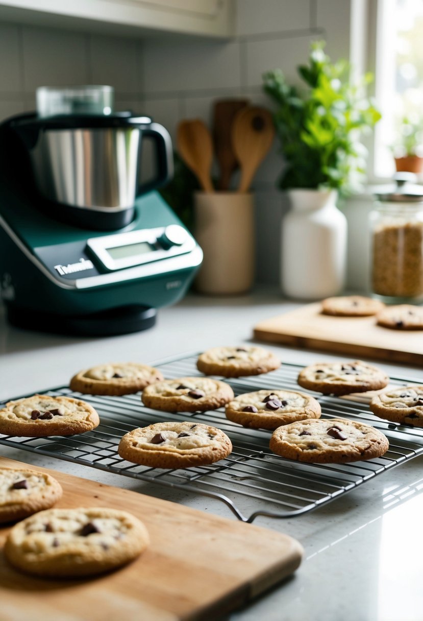 A kitchen counter with ingredients, a Thermomix, and freshly baked cookies cooling on a wire rack