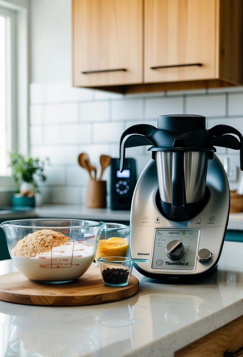 A kitchen counter with a mixing bowl, measuring cups, and ingredients for oatmeal raisin cookies, alongside a Thermomix machine