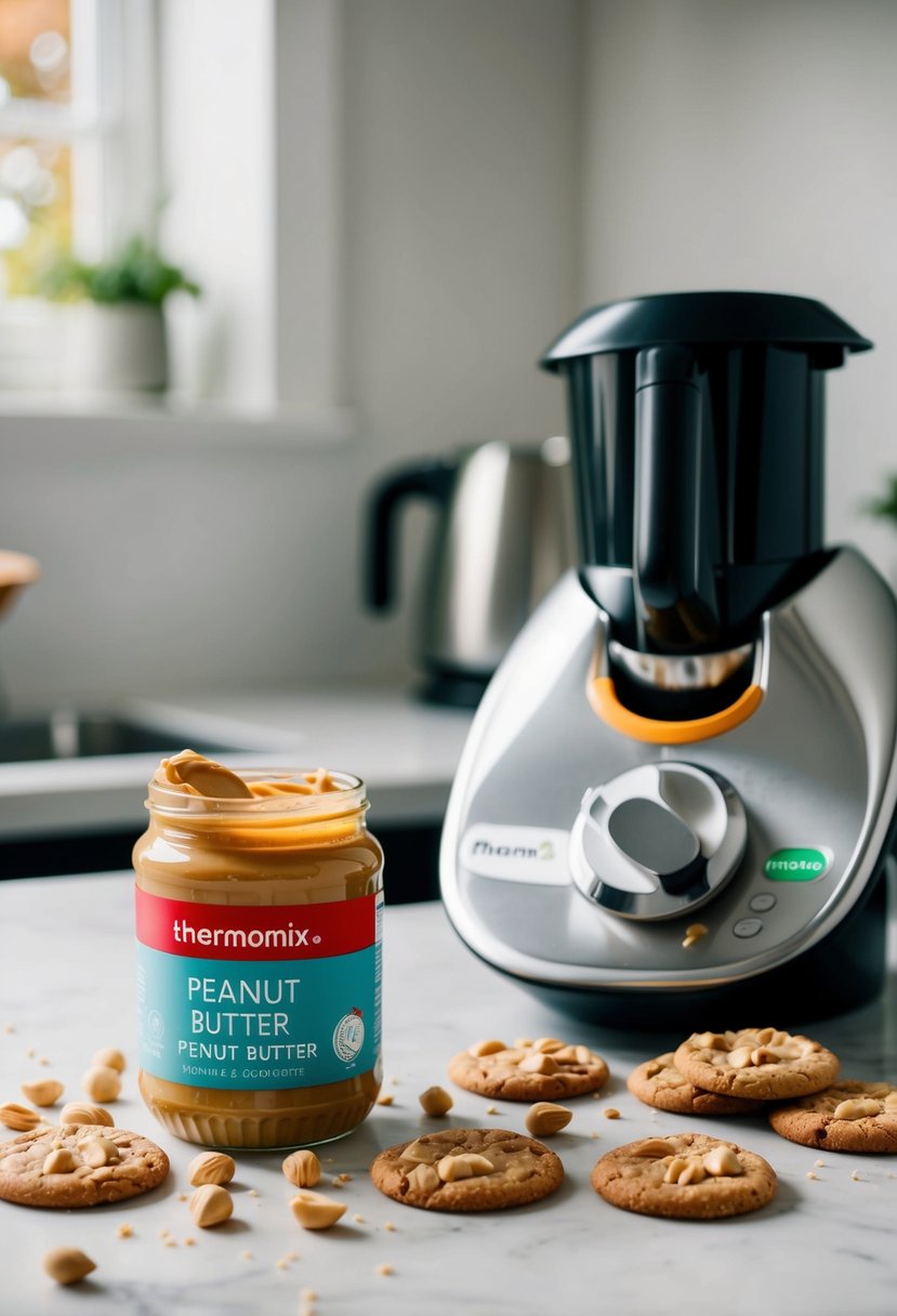 A jar of peanut butter surrounded by scattered cookie ingredients on a kitchen counter next to a Thermomix machine