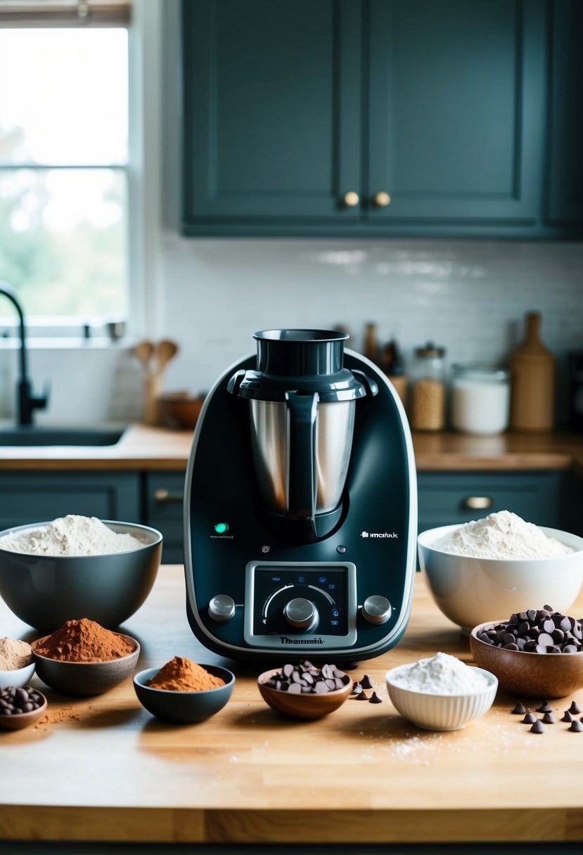 A kitchen counter filled with ingredients and a Thermomix machine surrounded by bowls of cocoa powder, chocolate chips, and flour