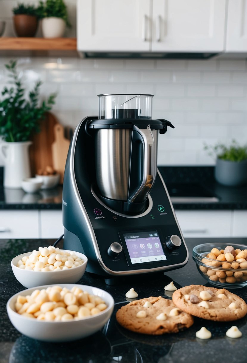 A kitchen countertop with ingredients and a Thermomix machine surrounded by white chocolate chips, macadamia nuts, and cookie dough