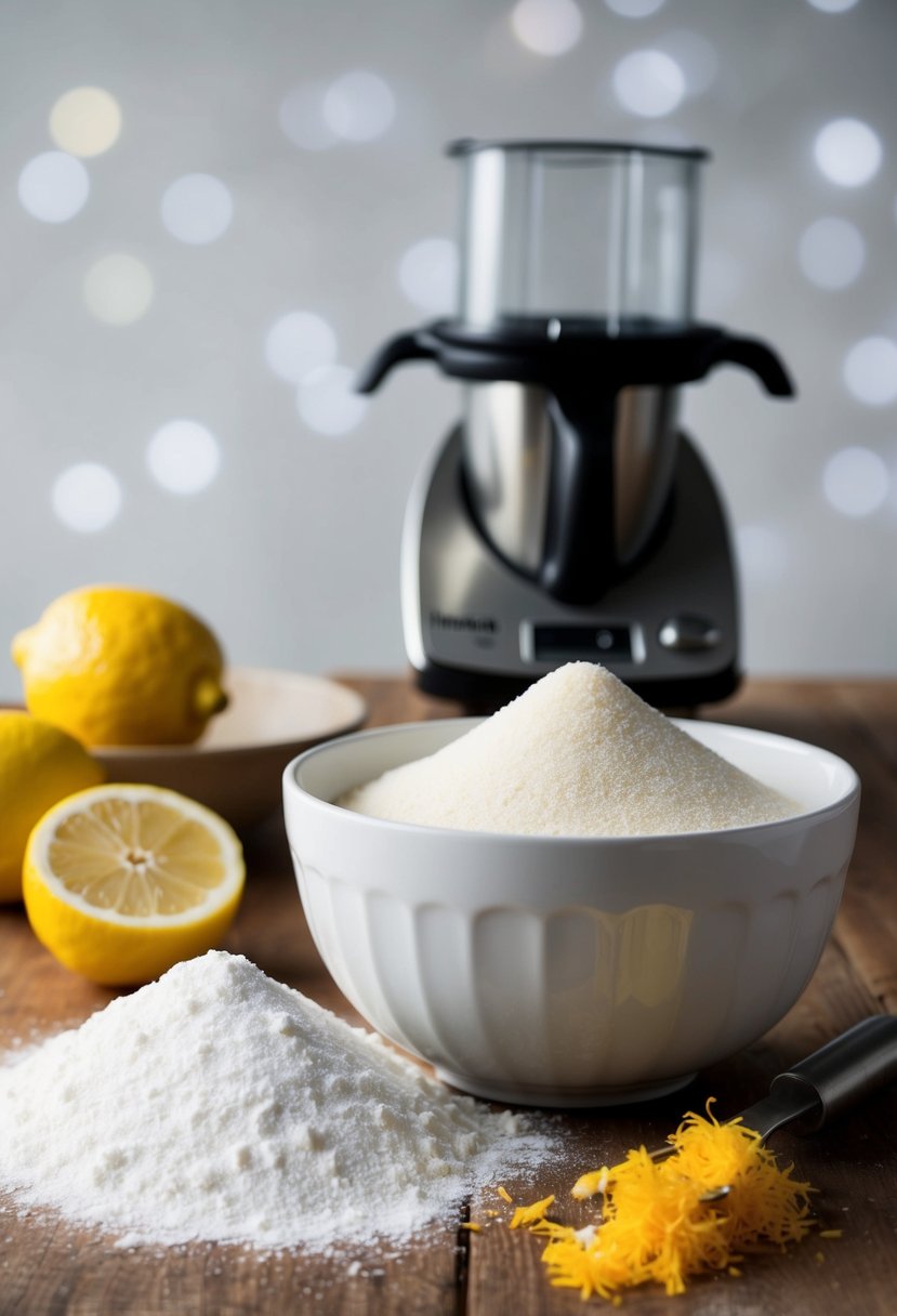 A bowl of lemon zest sits next to a pile of sugar and flour, with a thermomix in the background