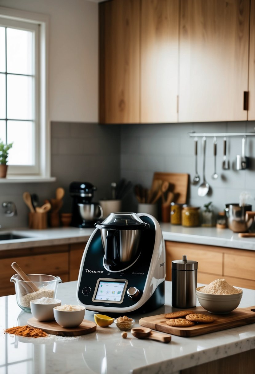 A kitchen counter with a Thermomix machine surrounded by ingredients and baking utensils for Ginger Spice Creations cookie recipes