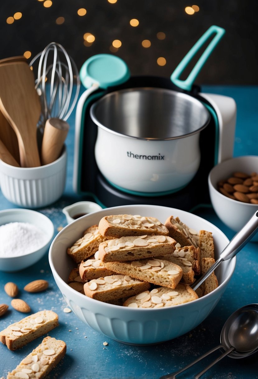 A mixing bowl filled with almond biscotti crunch cookie ingredients, surrounded by a thermomix and baking utensils