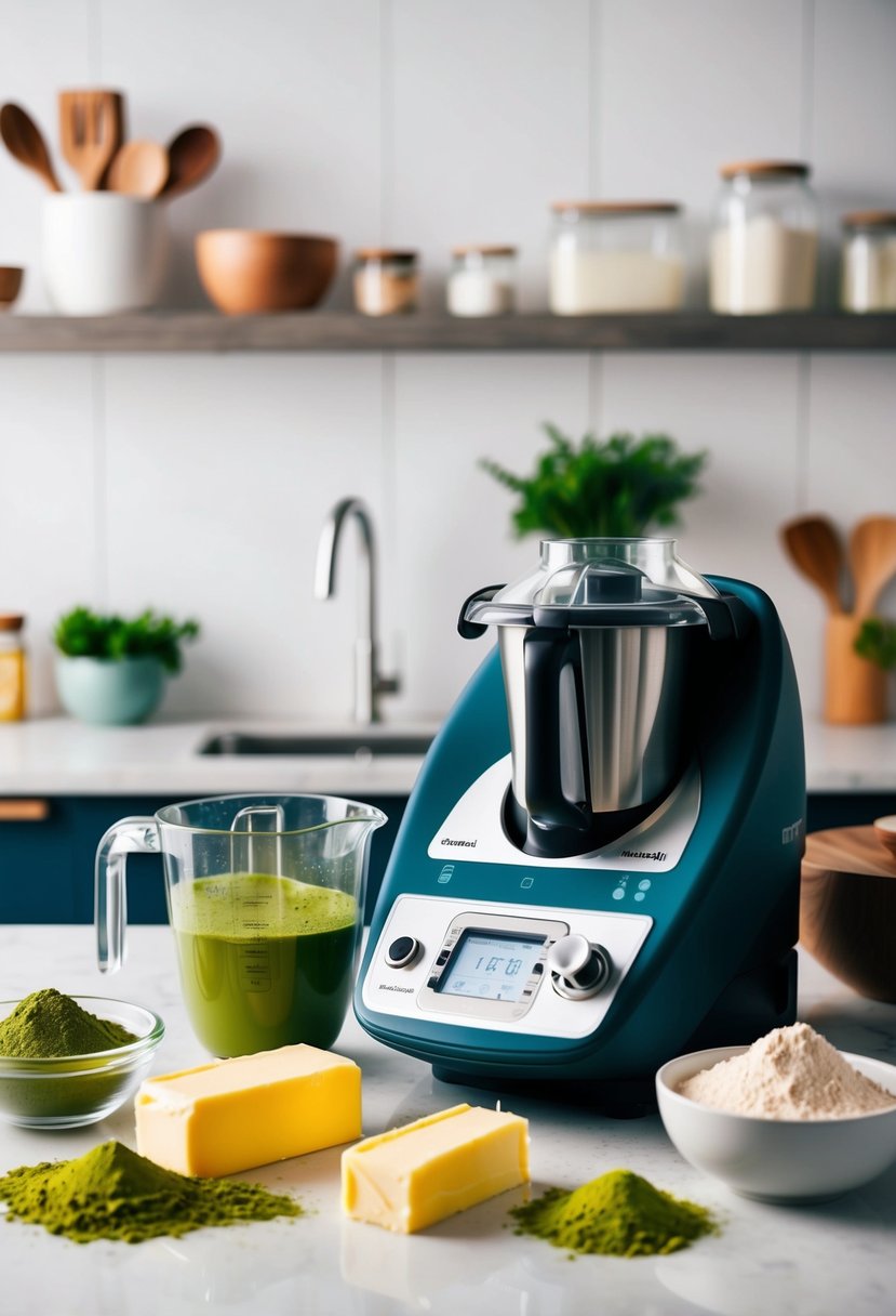 A kitchen countertop with ingredients and a Thermomix machine, surrounded by matcha powder, flour, and butter