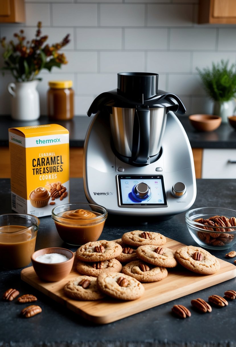 A kitchen counter with ingredients and a Thermomix machine, surrounded by caramel and pecans, ready to make Caramel Pecan Treasures cookies