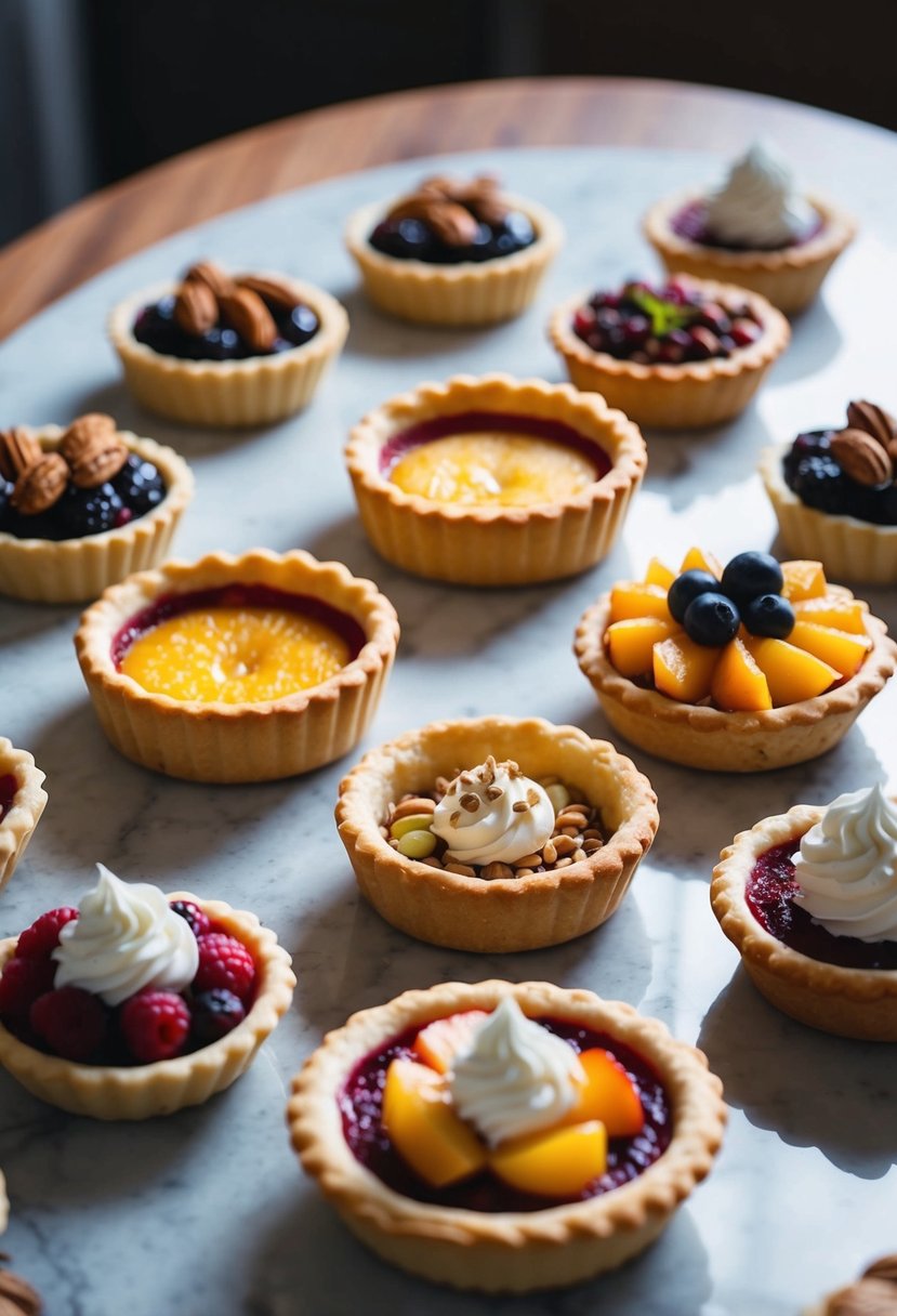 A table with various sweet shortcrust pastry desserts: tarts, pies, and pastries, adorned with fruits, nuts, and cream