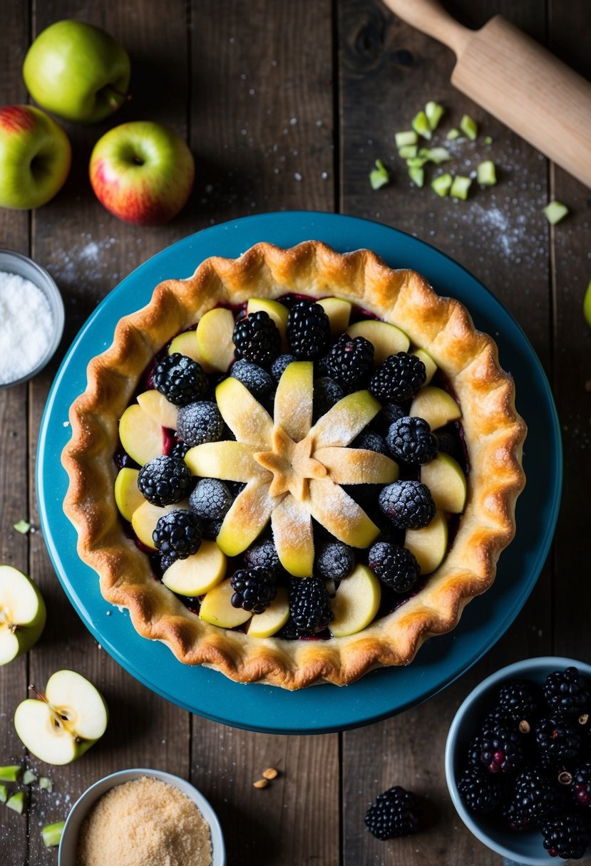 A rustic apple and blackberry pie sits on a wooden table, surrounded by scattered ingredients and a rolling pin. The golden crust is adorned with sugared fruit