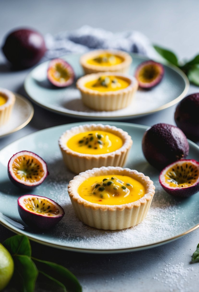 A table set with passionfruit custard tarts on delicate plates, surrounded by fresh passionfruit and a dusting of powdered sugar