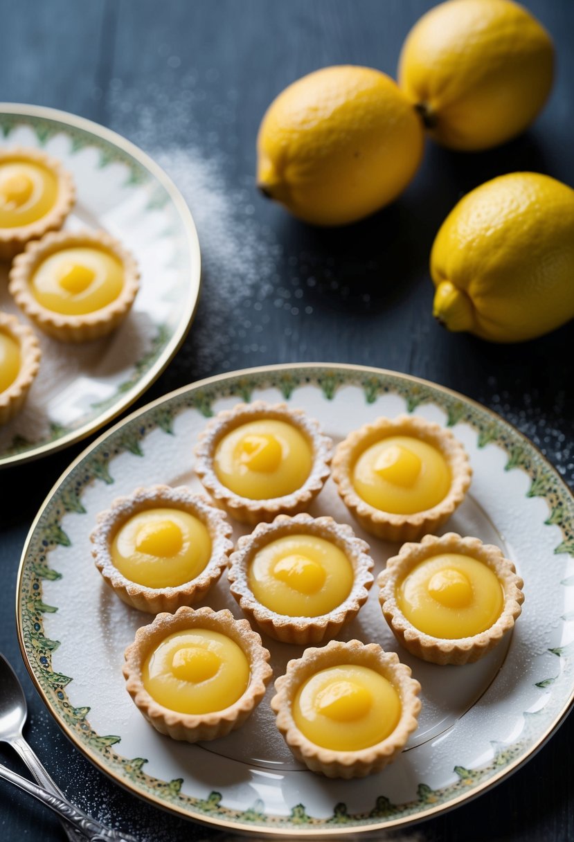 A table set with lemon curd tartlets on a decorative plate, surrounded by fresh lemons and a dusting of powdered sugar