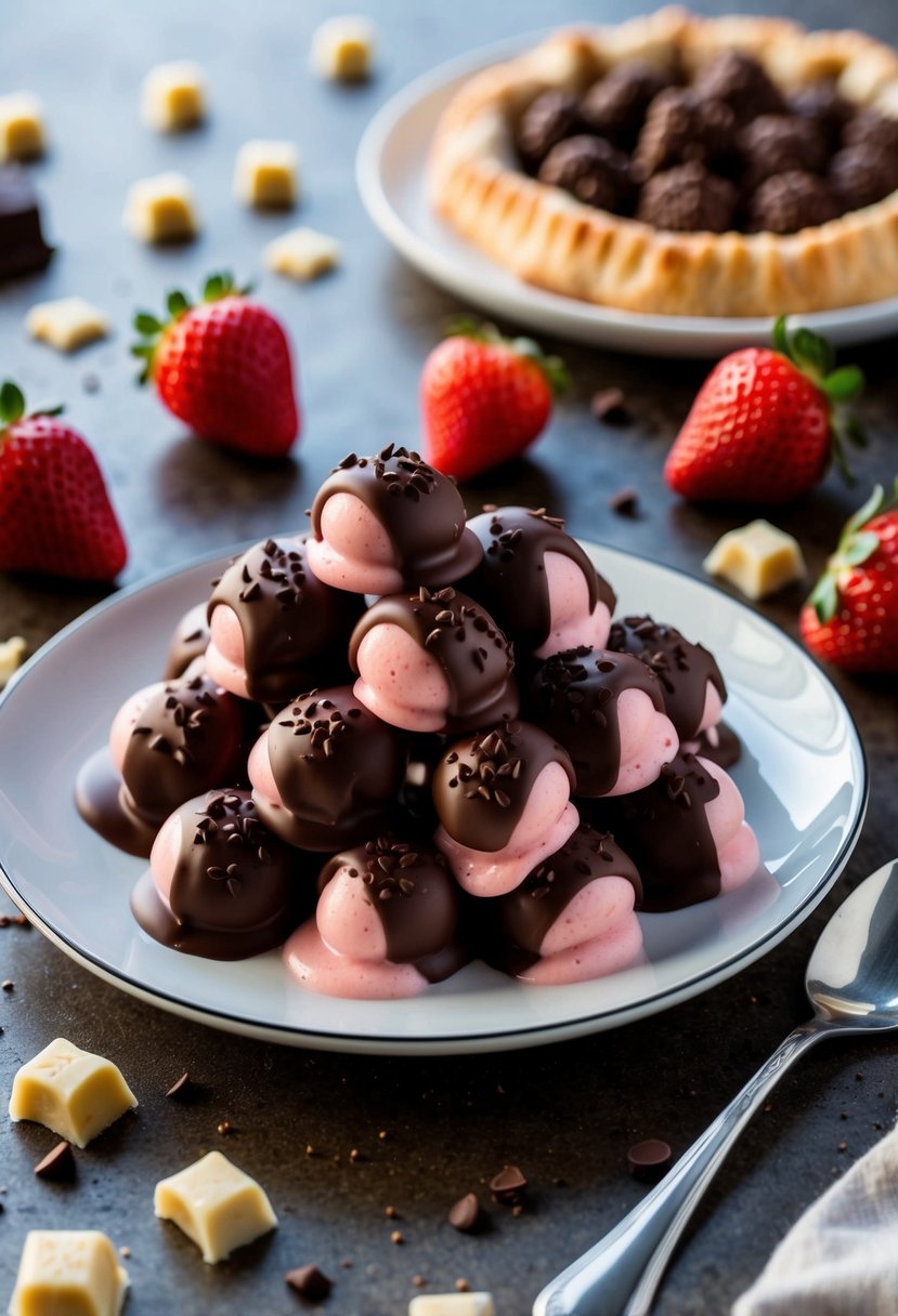 A pile of chocolate strawberry yogurt clusters on a plate with sweet shortcrust pastry and dessert recipes scattered around