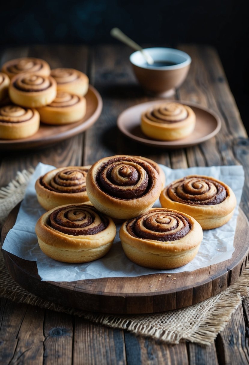 A rustic wooden table adorned with freshly baked cinnamon swirls and spelt shortcrust pastry desserts