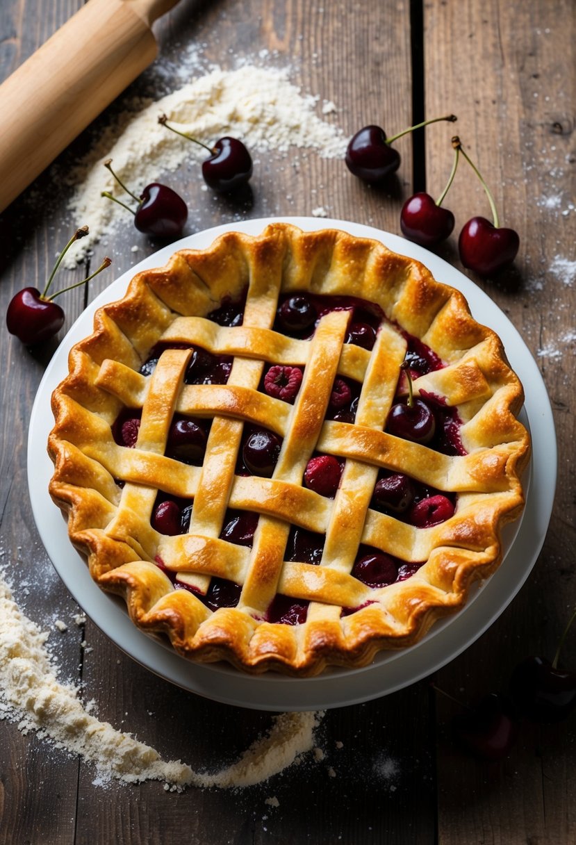 A freshly baked cherry pie sits on a rustic wooden table, surrounded by scattered flour and a rolling pin. The golden homemade pastry is adorned with a lattice crust, emitting a sweet aroma