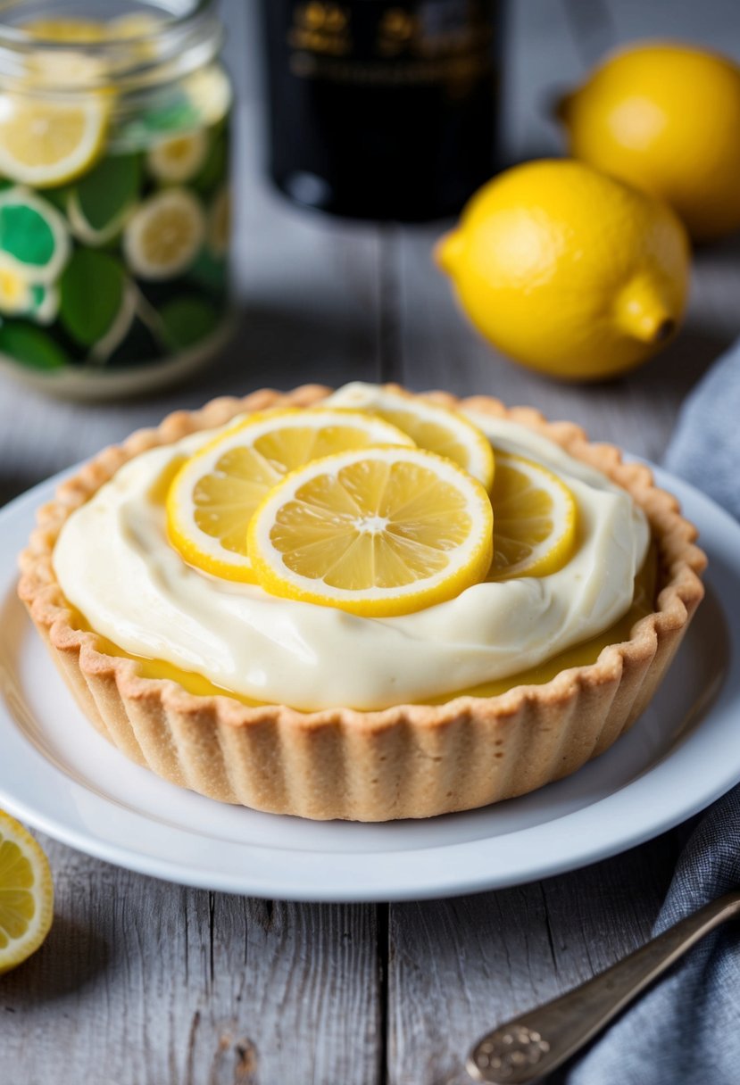 A round lemony fruit pie with a golden sweet shortcrust pastry, topped with a layer of creamy custard