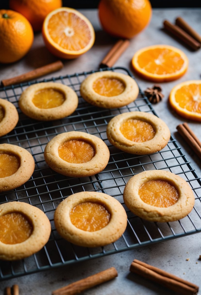 A warm kitchen scene with a tray of golden-brown sweet orange and cinnamon cookies cooling on a wire rack, surrounded by scattered cinnamon sticks and fresh oranges