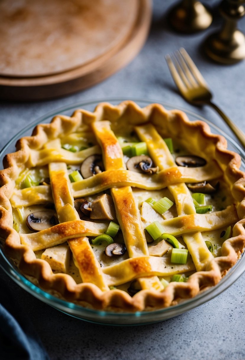 A golden-brown pie with creamy chicken, leek, and mushroom filling, topped with a lattice of sweet shortcrust pastry