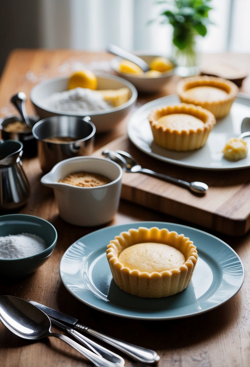 A table with ingredients and utensils for making French sweet shortcrust pastry, with a finished dessert displayed on a plate