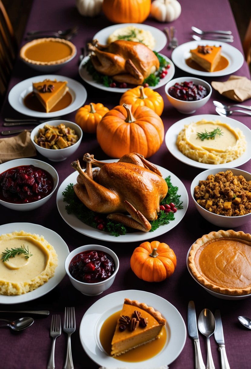 A table filled with various potluck Thanksgiving dishes, including turkey, mashed potatoes, cranberry sauce, stuffing, and pumpkin pie