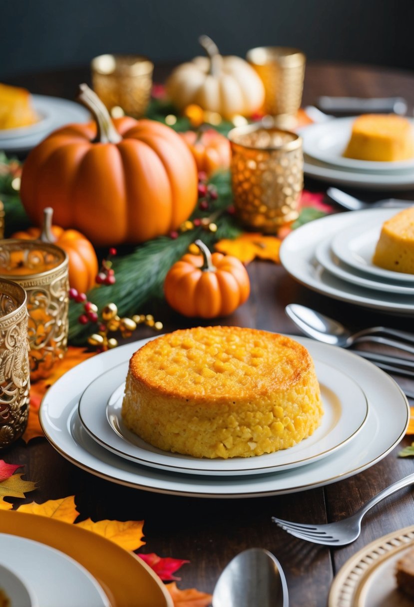 A table set with various dishes, including a golden-brown corn pudding, surrounded by festive Thanksgiving decorations