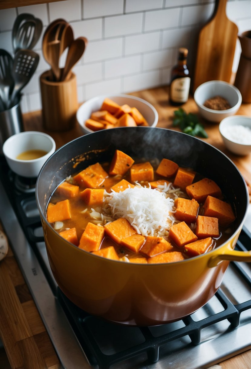 A large pot filled with sweet potatoes, coconut, and bourbon simmering on a stovetop, surrounded by various kitchen utensils and ingredients