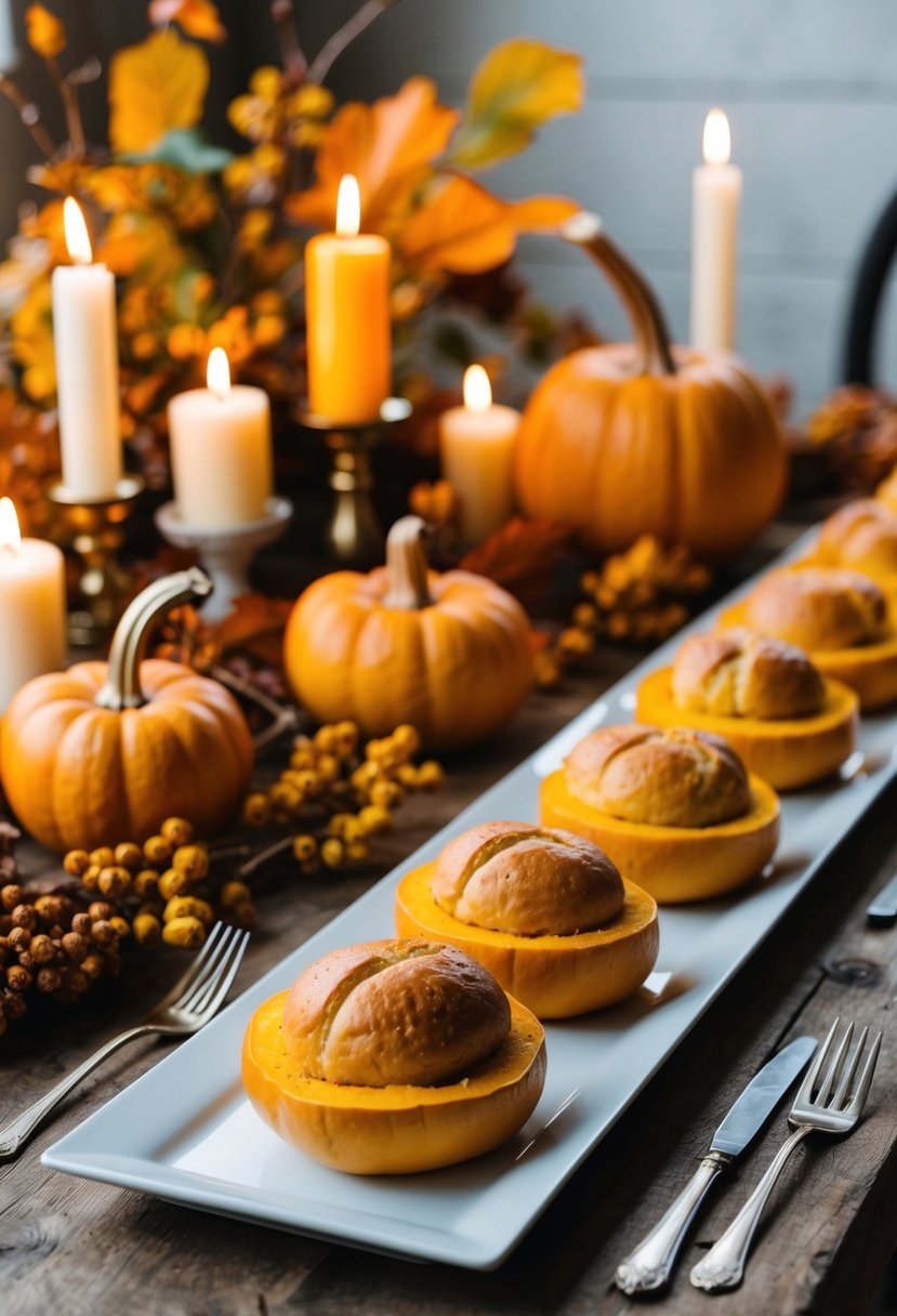 A rustic table set with golden butternut squash dinner rolls, surrounded by autumn foliage and warm candlelight