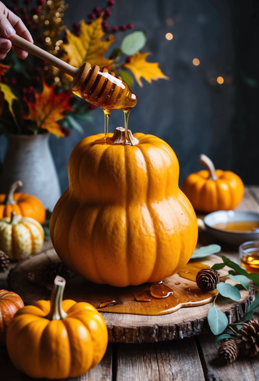 A golden-brown honeynut squash sits on a rustic wooden table, drizzled with hot honey and surrounded by fall foliage and festive decor