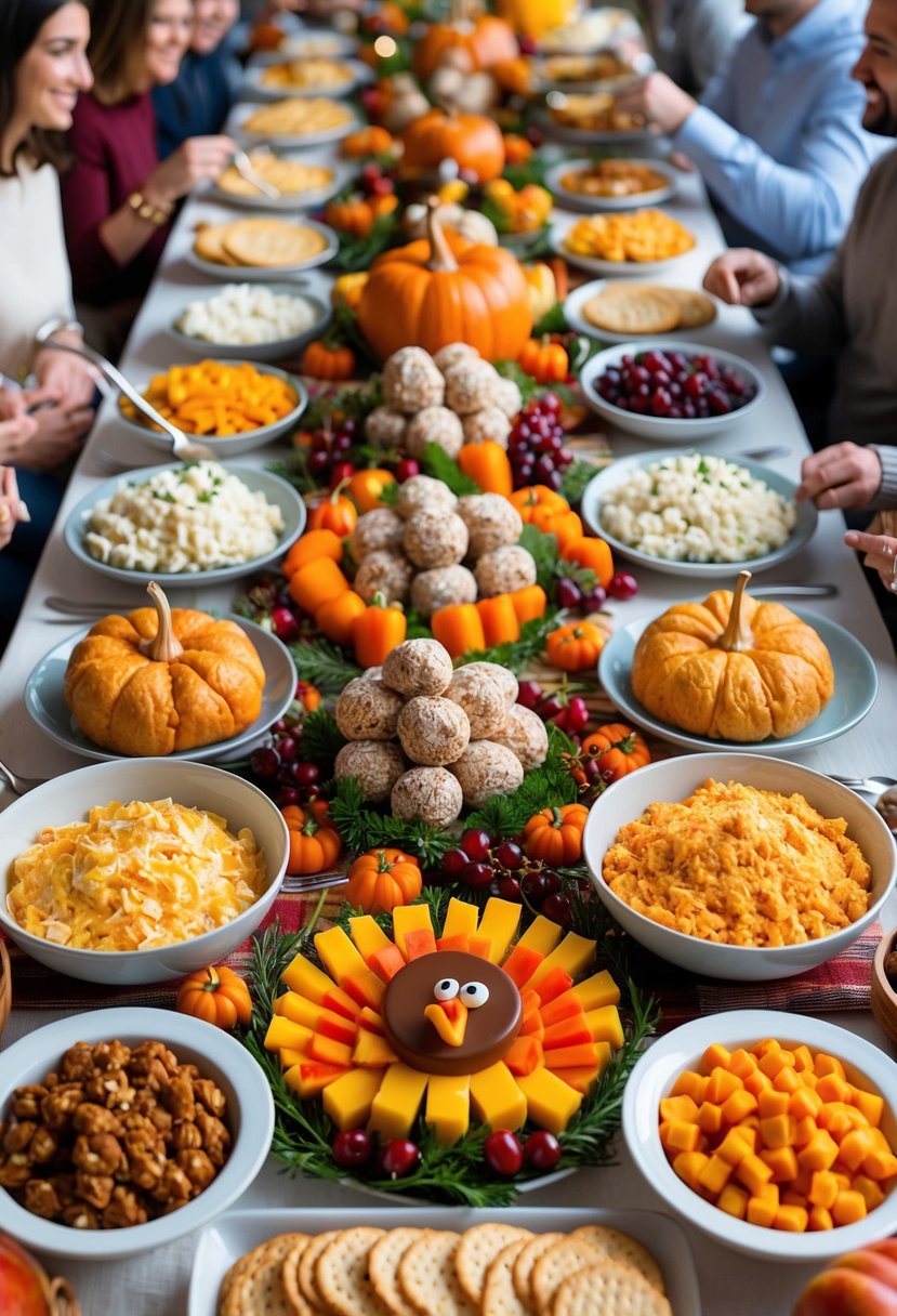 A festive table spread with a colorful assortment of cheeseballs, crackers, and turkey-themed appetizers, surrounded by friends and family gathering for a Thanksgiving potluck