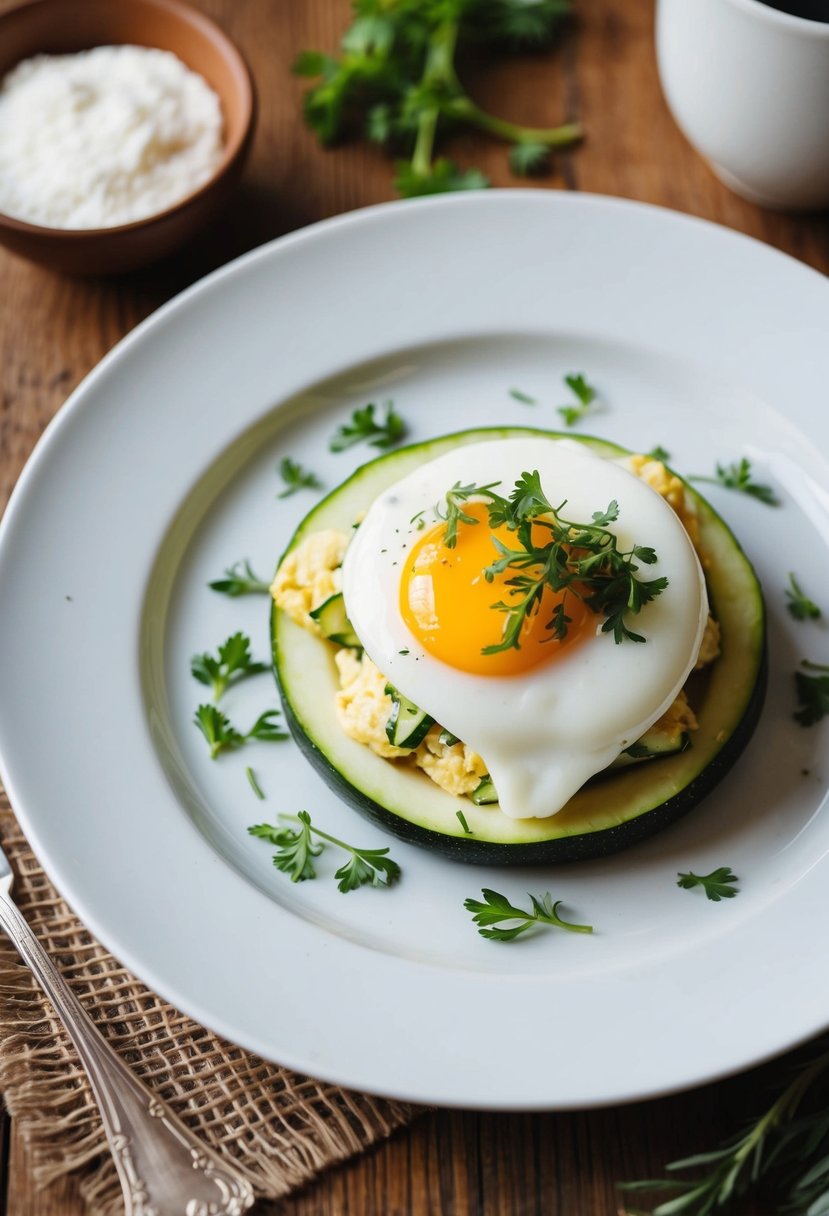 A plate of zucchini and egg breakfast with herbs on a wooden table