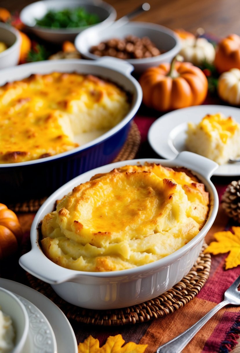 A golden-brown mashed potato casserole sits on a festive table surrounded by other Thanksgiving dishes