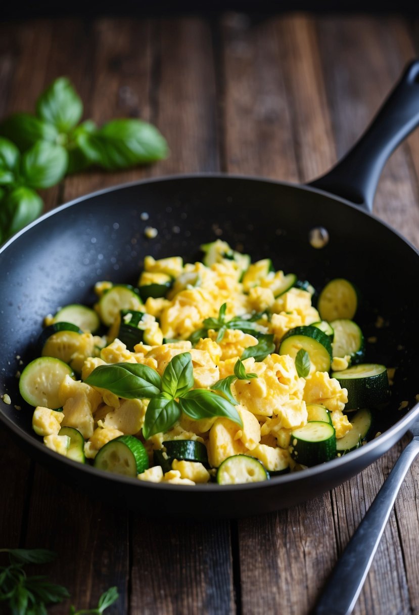 Scrambled eggs cooking with zucchini and fresh basil in a sizzling skillet