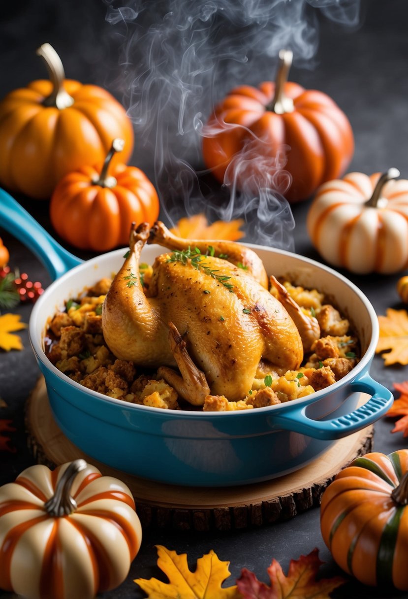 A steaming casserole dish filled with golden-brown chicken and stuffing, surrounded by festive Thanksgiving decorations