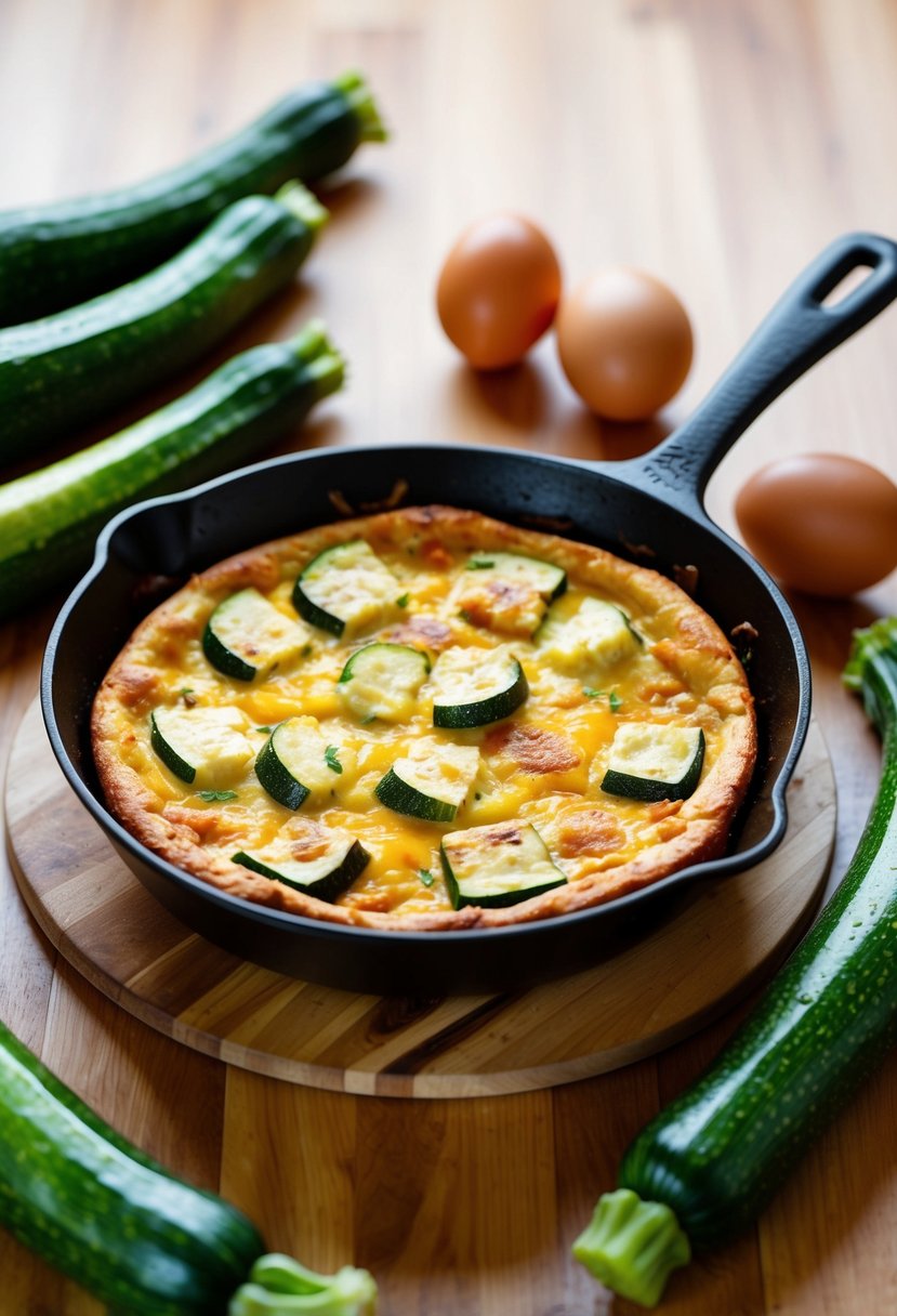 A sizzling skillet with a golden-brown frittata filled with chunks of zucchini and melted cheddar, surrounded by fresh eggs and vibrant green zucchinis