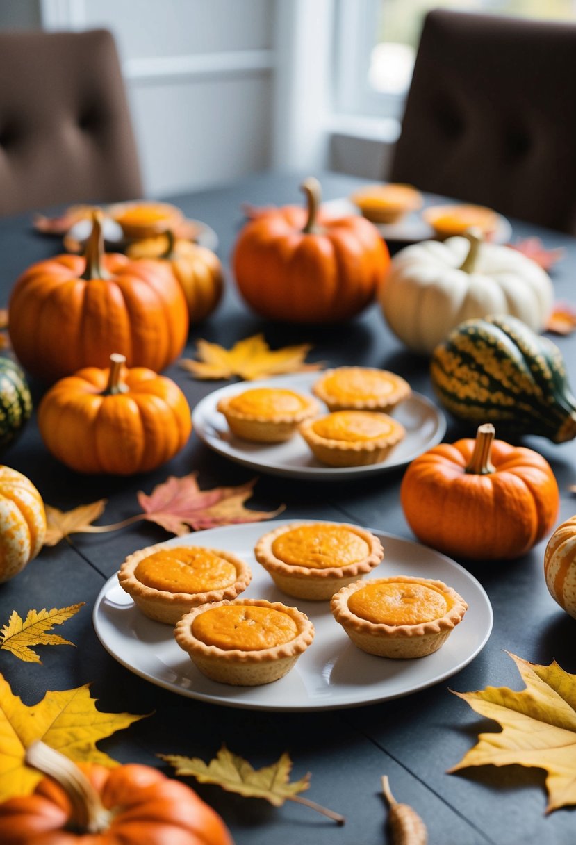 A table spread with mini pumpkin pies surrounded by autumn leaves and decorative gourds