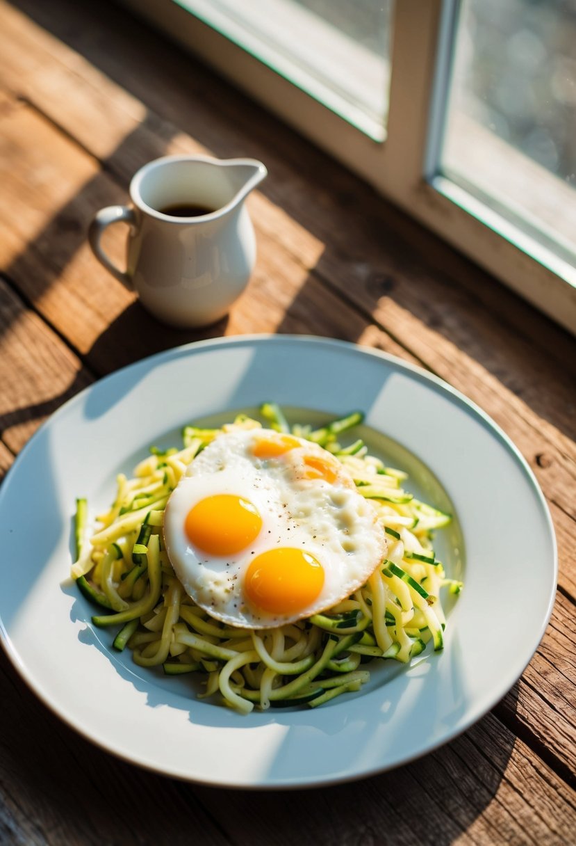 A plate of sunny side up eggs with shredded zucchini on a rustic wooden table. Sunlight streams through a window, casting a warm glow on the food