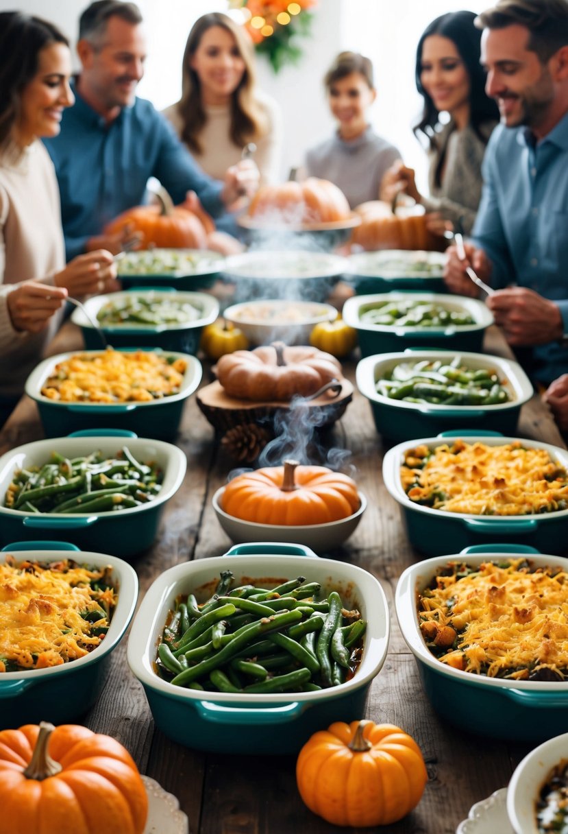 A table filled with steaming green bean casserole dishes, surrounded by friends and family at a festive Thanksgiving potluck