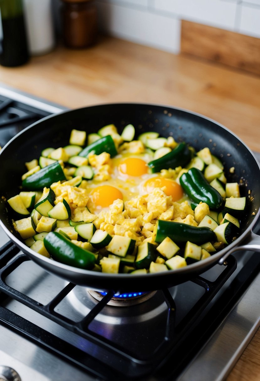 A sizzling skillet filled with diced zucchini, scrambled eggs, and sliced poblano peppers cooking over a stovetop