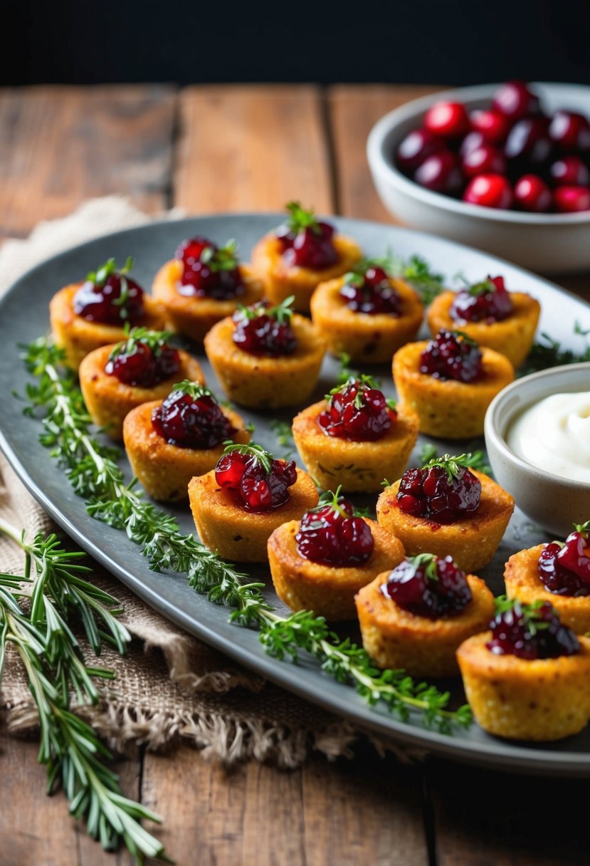 A platter of golden-brown caramelized onion and cranberry bites, garnished with fresh herbs, sits on a rustic wooden table, ready for a Thanksgiving potluck