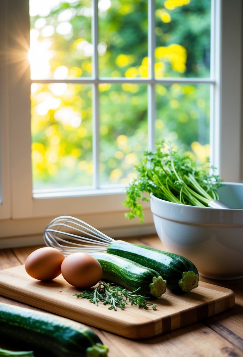 Fresh zucchinis, eggs, and herbs arranged on a wooden cutting board next to a whisk and a mixing bowl. Sunlight streaming in through a window