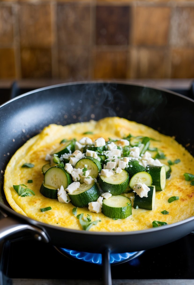 A sizzling omelette filled with vibrant green zucchini and creamy feta cheese cooking in a non-stick skillet on a stovetop