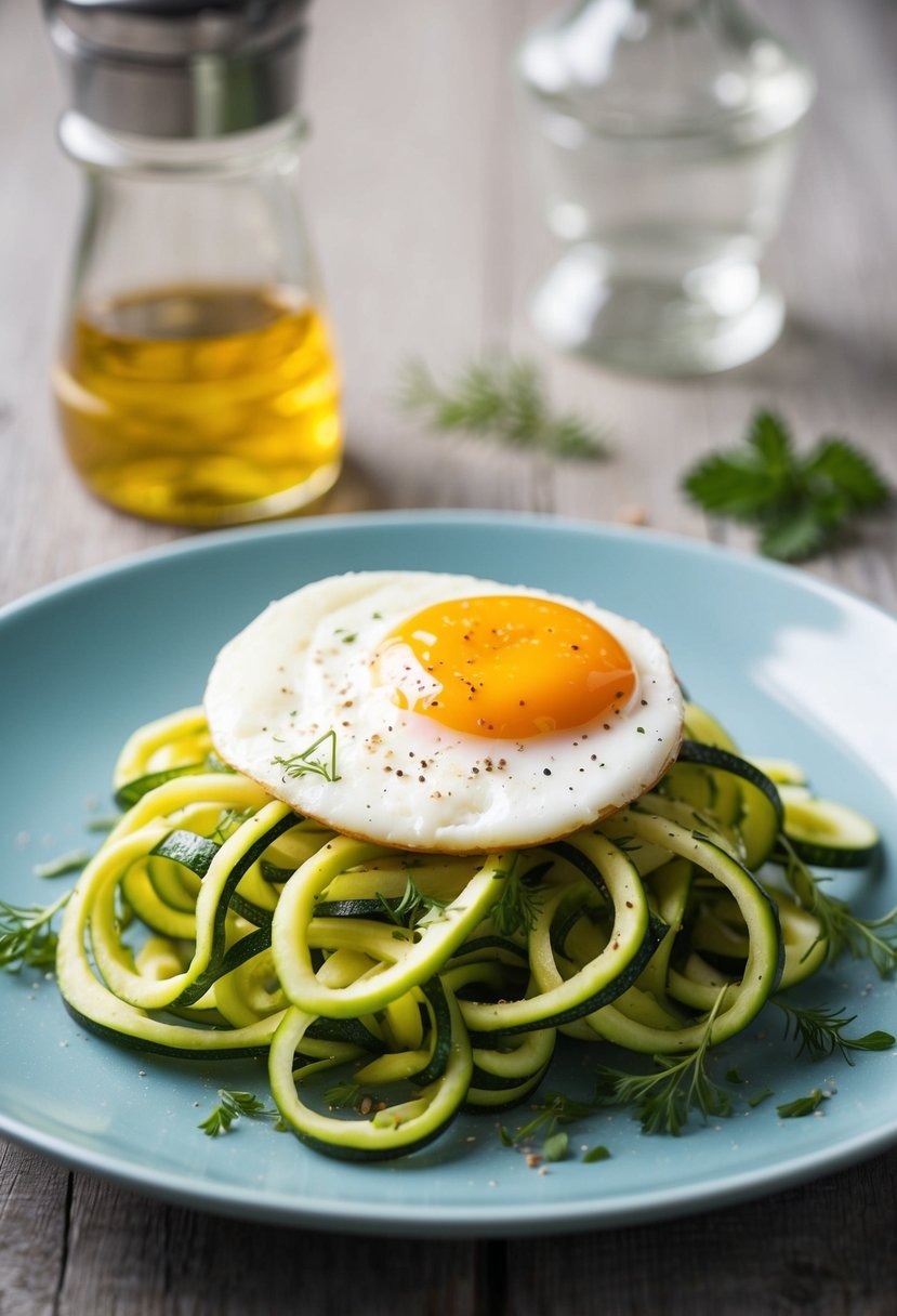 A sunny-side-up egg sits atop a bed of zucchini ribbons, garnished with herbs and pepper