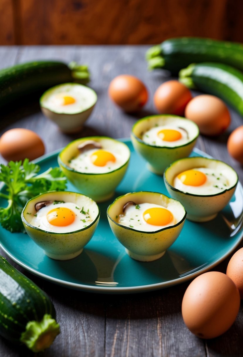 A table set with zucchini and mushroom egg cups, surrounded by fresh zucchini and eggs