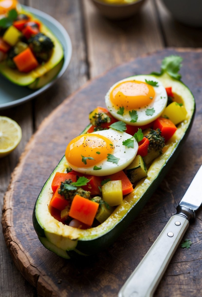 A zucchini split open, filled with vegetables, topped with baked eggs on a rustic wooden table