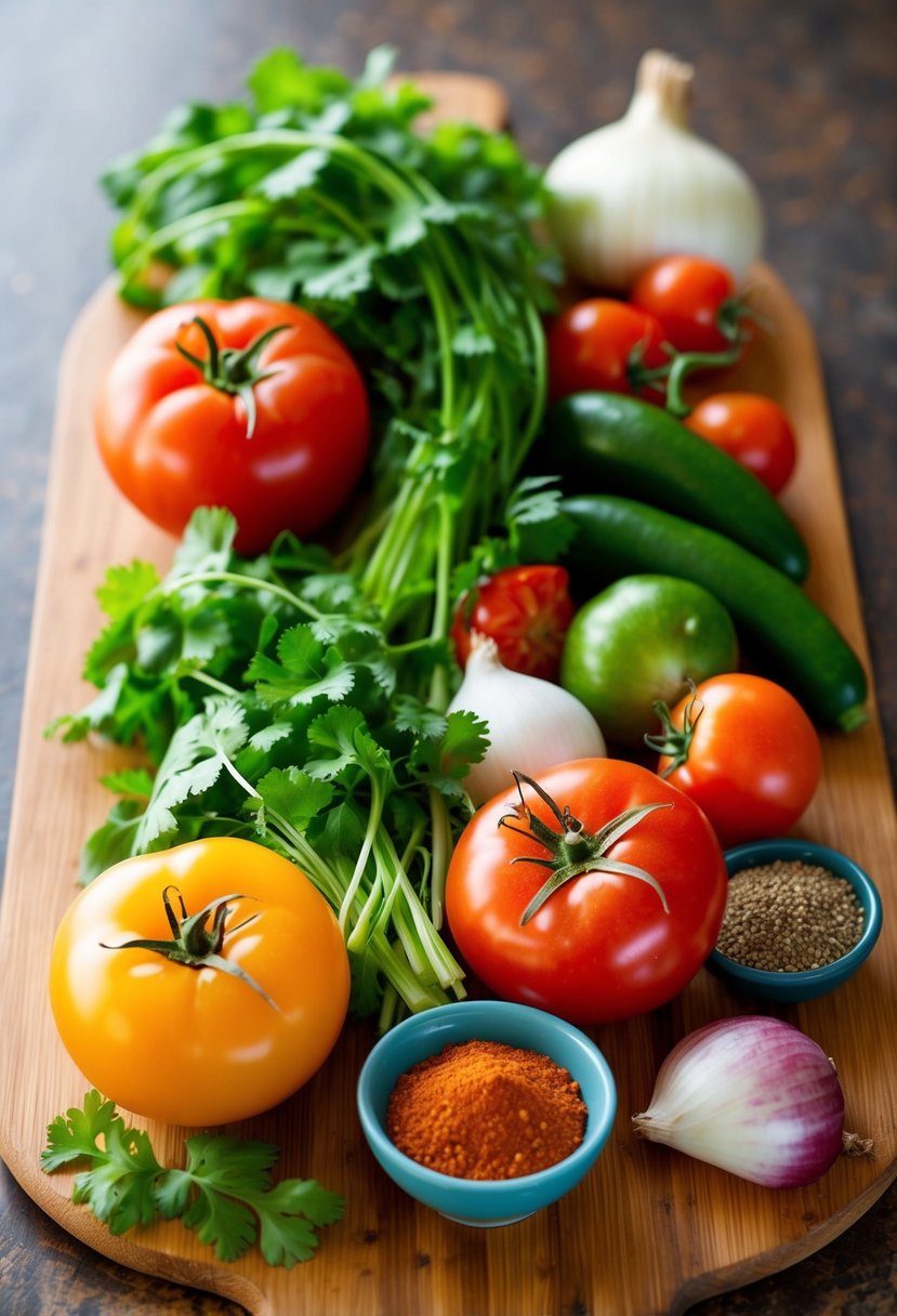 A colorful array of fresh ingredients, including tomatoes, cilantro, onions, and various spices, laid out on a wooden cutting board