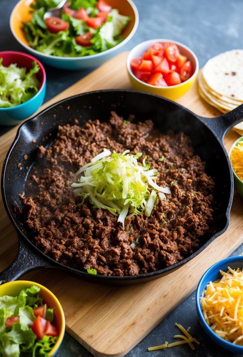 A sizzling skillet of ground beef, surrounded by colorful bowls of fresh lettuce, diced tomatoes, shredded cheese, and warm tortillas