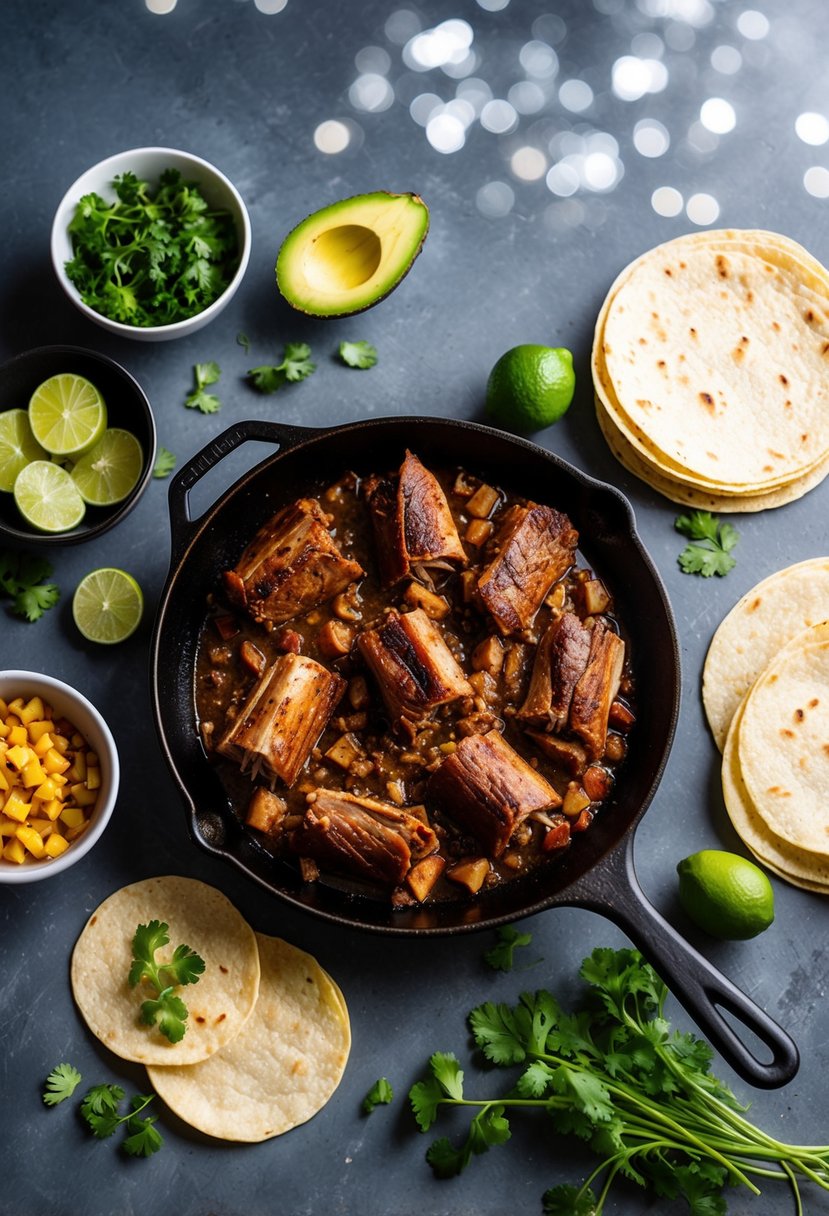 A sizzling skillet of carnitas, surrounded by fresh ingredients and tortillas, ready to be assembled into crunchy tacos