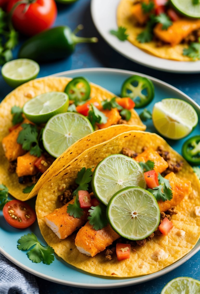 A colorful plate of spicy fish tacos topped with lime slices and surrounded by vibrant ingredients like cilantro, tomatoes, and jalapeños