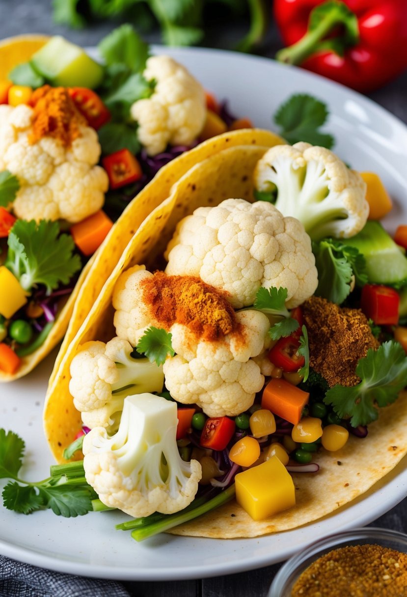 A colorful array of fresh cauliflower, vibrant vegetables, and flavorful spices piled high on a soft taco shell