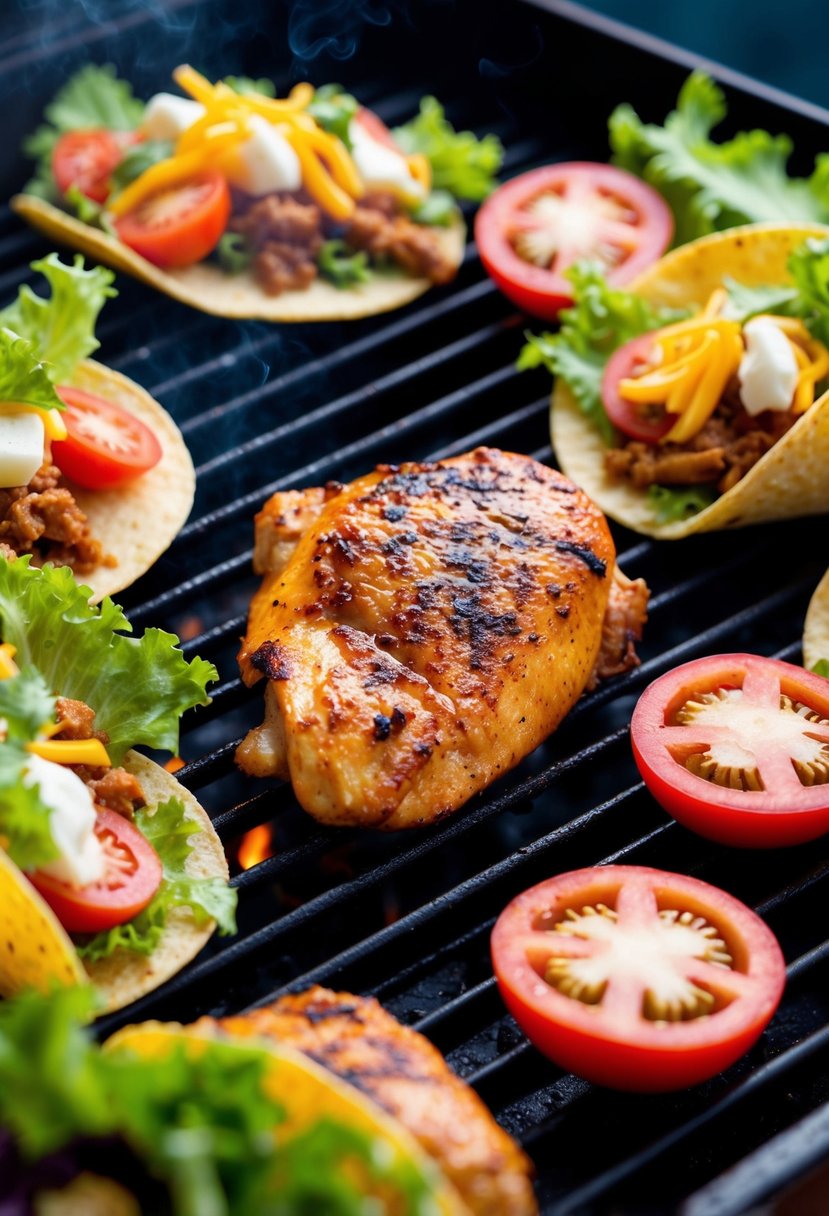 A sizzling grill with juicy chicken, surrounded by colorful taco ingredients like lettuce, tomatoes, and cheese, with a hint of smoky barbecue sauce